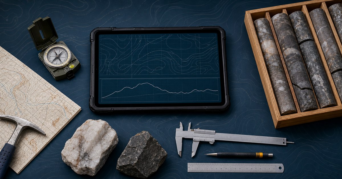 Geology field calculator toolkit with a compass, map, drill core, rock specimens, calipers, and data tablet